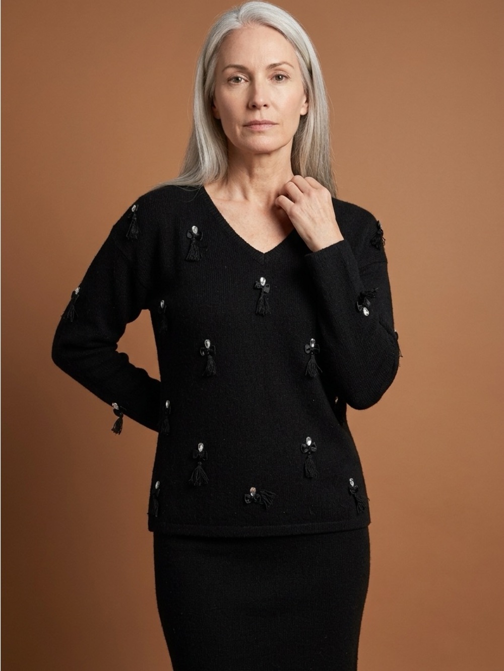 Carole Little Silk Angora V-Neck Sweater Black Embellished Bow Tassel Small